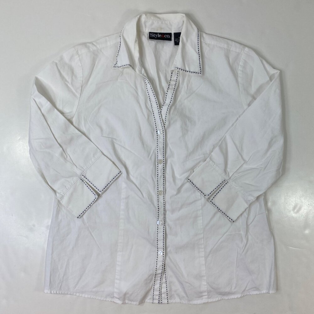 Style & Co. Womens White Cotton Button-Up Shirt Embroidered Details Size 10
